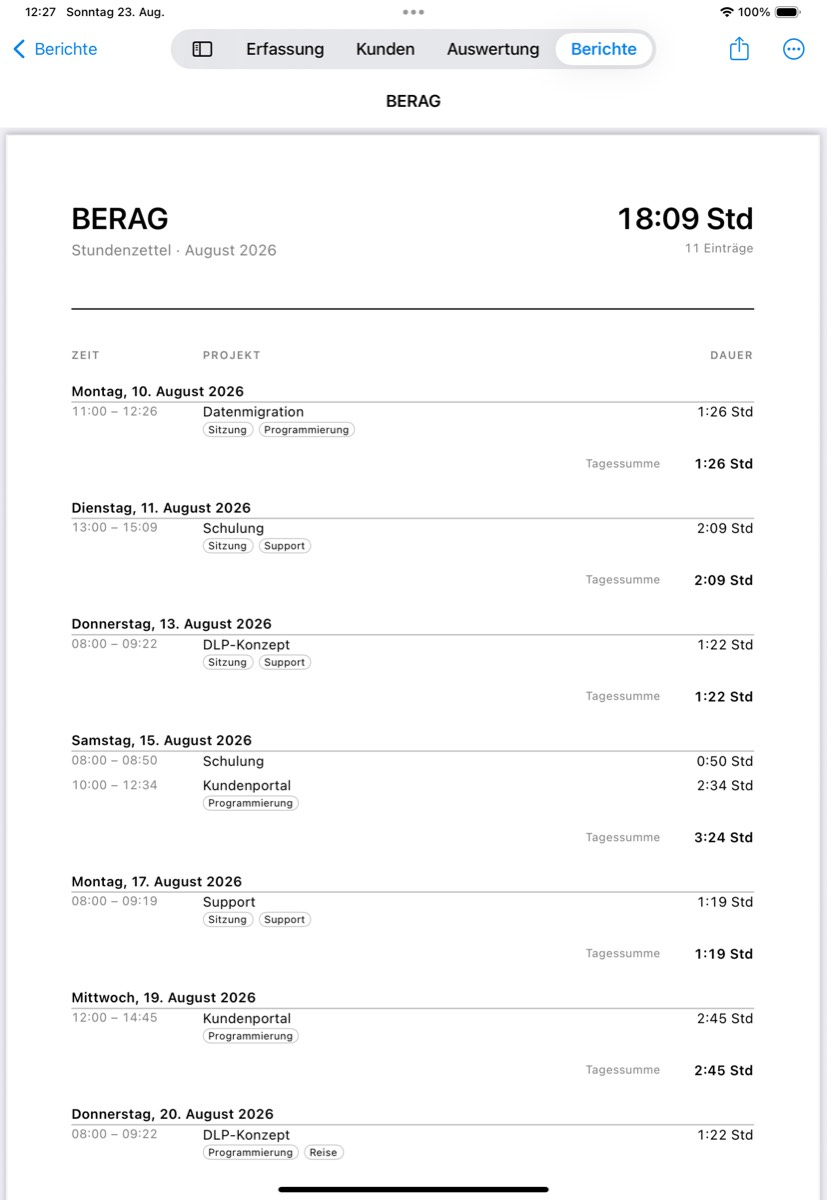 Ein Stundenzettel auf dem iPad.