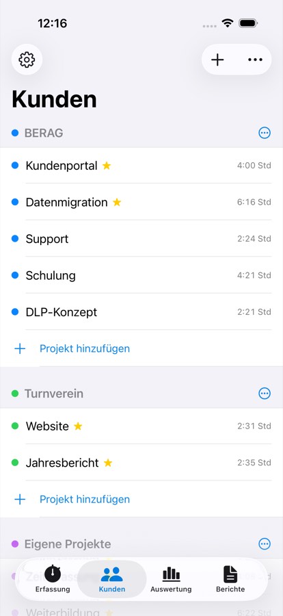 Kunden mit ihren Projekten. Favoriten tragen einen Stern.