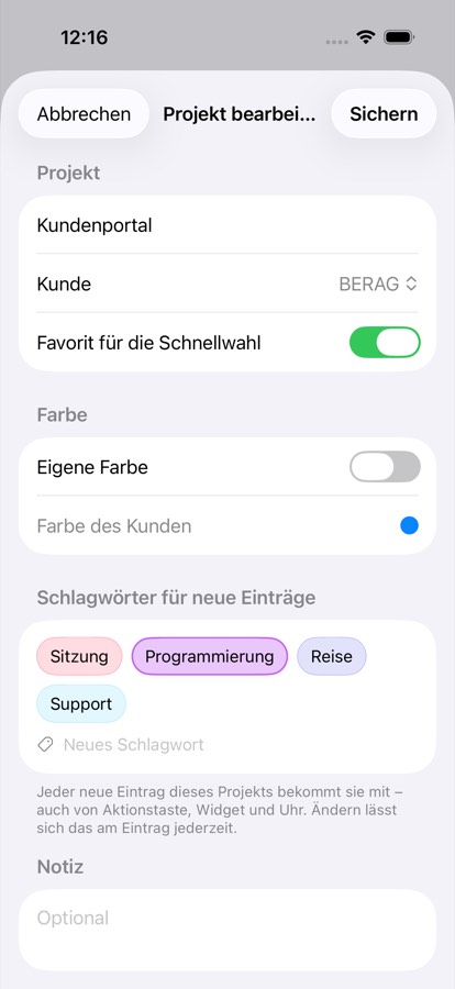 Im Projekt: Favorit, Farbe und Schlagwörter für neue Einträge.