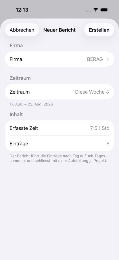 Neuer Bericht: Firma und Zeitraum wählen.