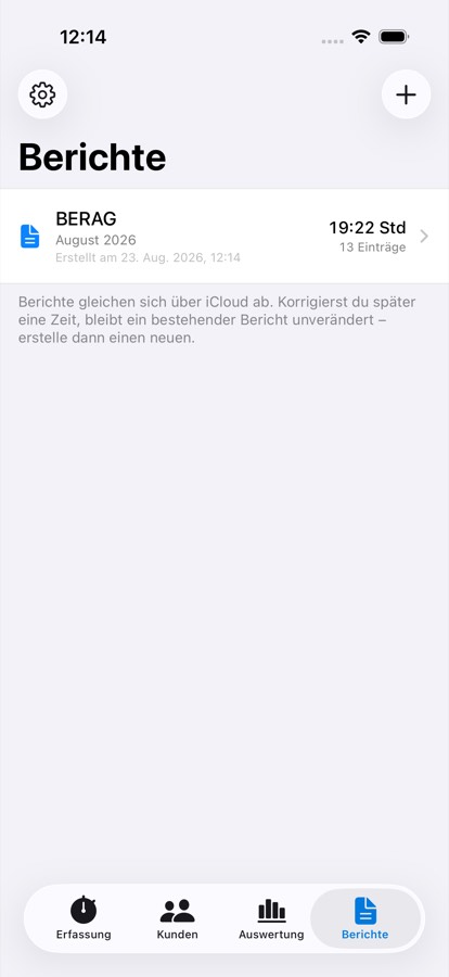 Die Liste der Berichte: Firma, Zeitraum, Summe.
