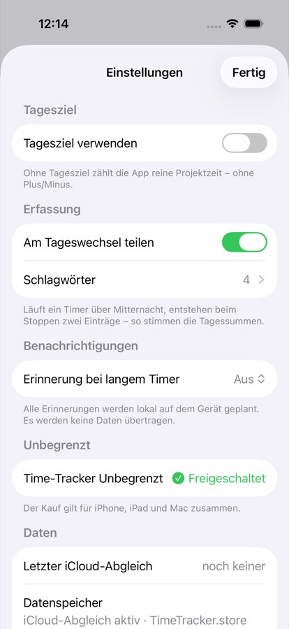 Einstellungen: Tagesziel, Erfassung, Benachrichtigungen, Daten.