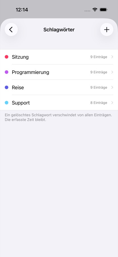 Schlagwörter verwalten: Name, Farbe, Anzahl der Einträge.